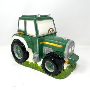 Vintage Green Tractor Cookie Jar on Grass by Holiday Time Earthenware 1990's